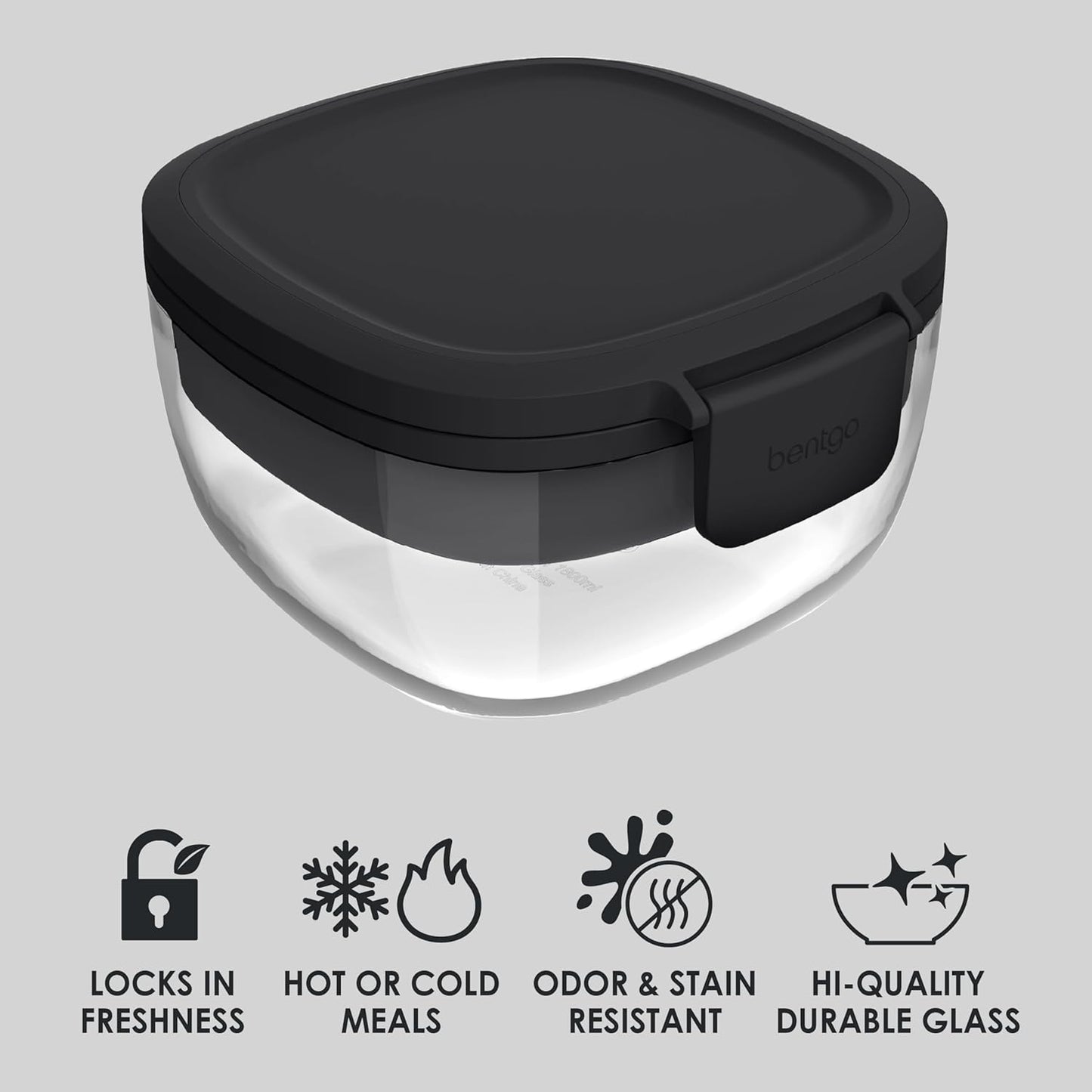 Bentgo Glass All-in-One Salad Container - Large 61-oz Salad Bowl with Lid, 4-Compartment Bento-Style Tray, 3-oz Sauce Container, and Reusable Fork - Dishwasher, Microwave, and Oven Safe (Black Onyx)