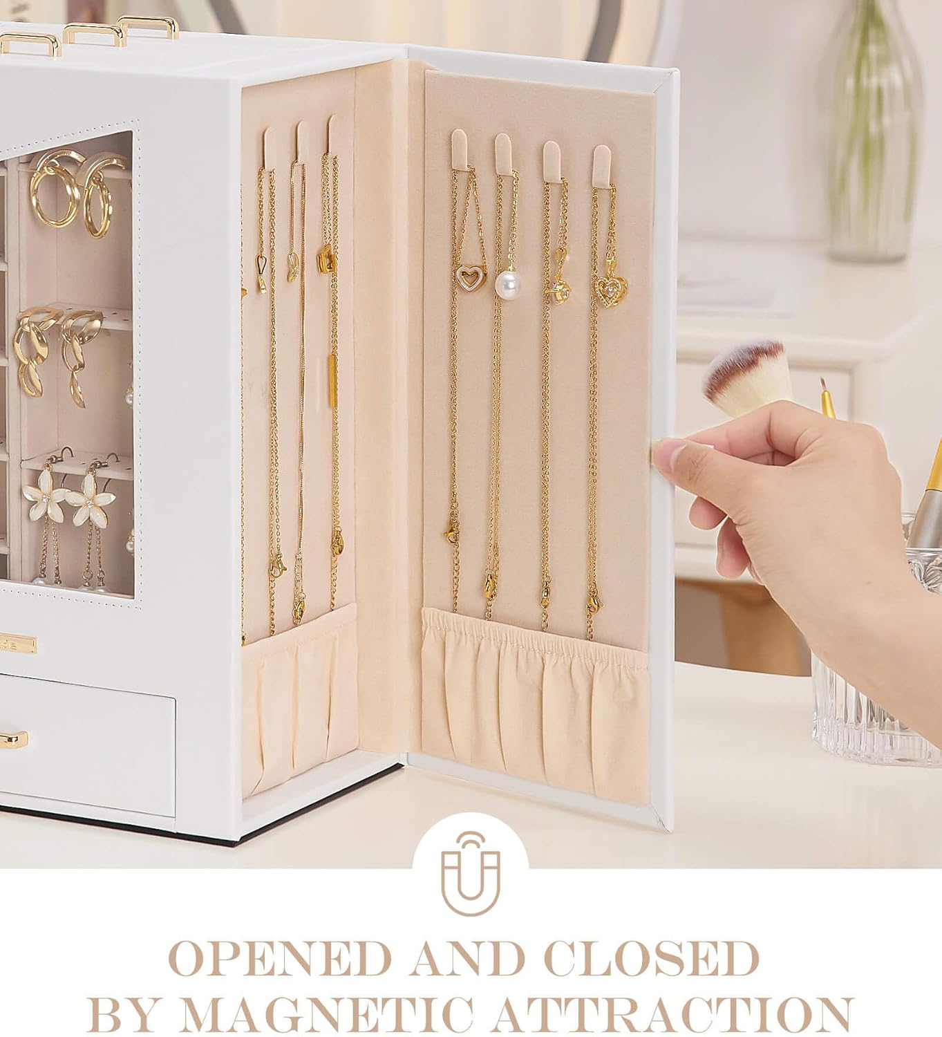 Homde Jewelry Organizer with Transparent Window Necklace Hooks Gift for Women Jewelry Box Display Case for Necklaces Rings Earrings Bracelets and Other Jewelry Accessories (White + Gold)