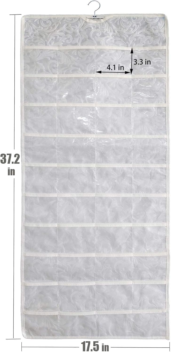BB Brotrade Hanging Jewelry Organizer, Double-Sided Jewelry Storage Organizer with Embossed Pattern, 80 Clear PVC Pockets for Holding Jewelries (White)