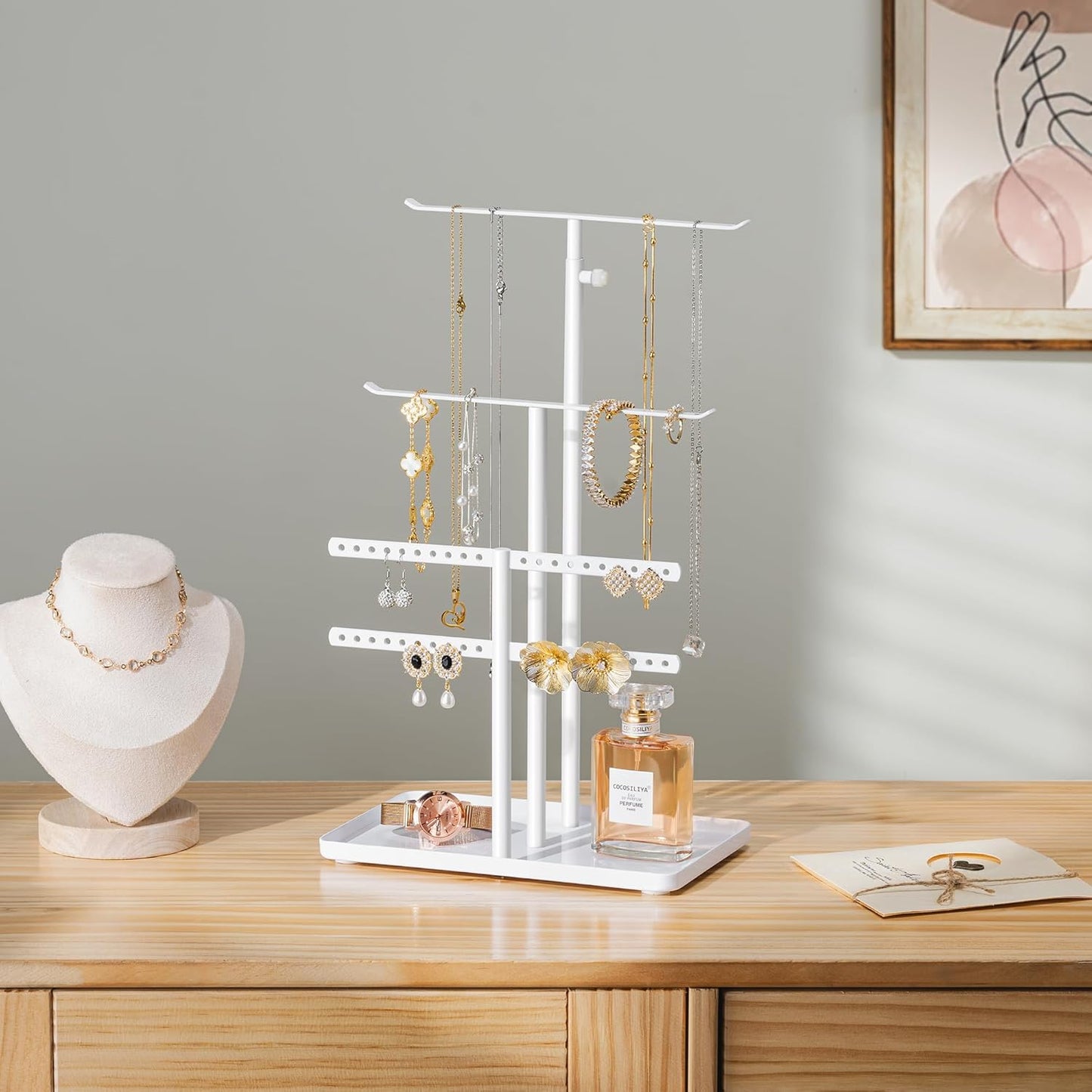 Jewelry Holder Organizer Stand - Adjustable Jewelry Tree 17.5" Height (Max), Jewlery Hanger for Necklaces, Bracelets, Earrings, Stainless, White
