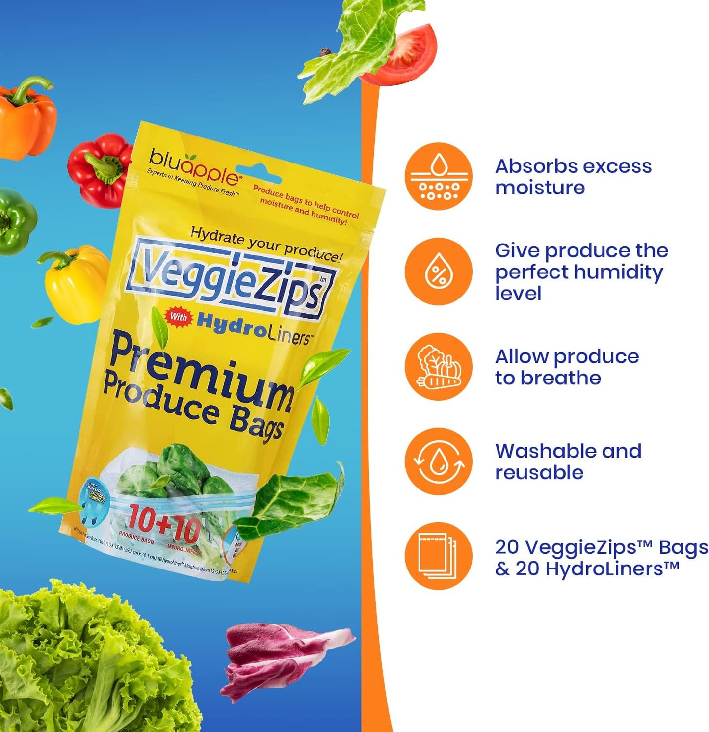 Bluapple VeggieZips Premium Produce Storage System - 40 Piece Set, 20 Food Saver Bags + 20 HydroLiners, Keep Produce Fresh Longer, Washable & Reusable Bags with Humidity Control for Fruit & Vegetables