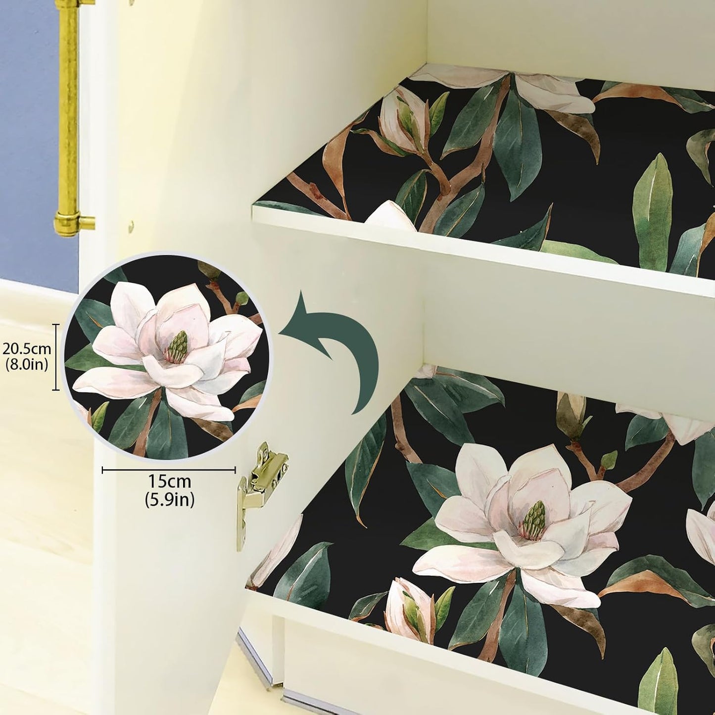 HAOKHOME Floral Shelf Liner and Cabinet Liner, Self-Adhesive Drawer Liners, Peel and Stick Contact Paper for Kitchen Cabinets and Cupboard, Bathroom Drawers, Black/White/Green 17.3in x 6.5ft