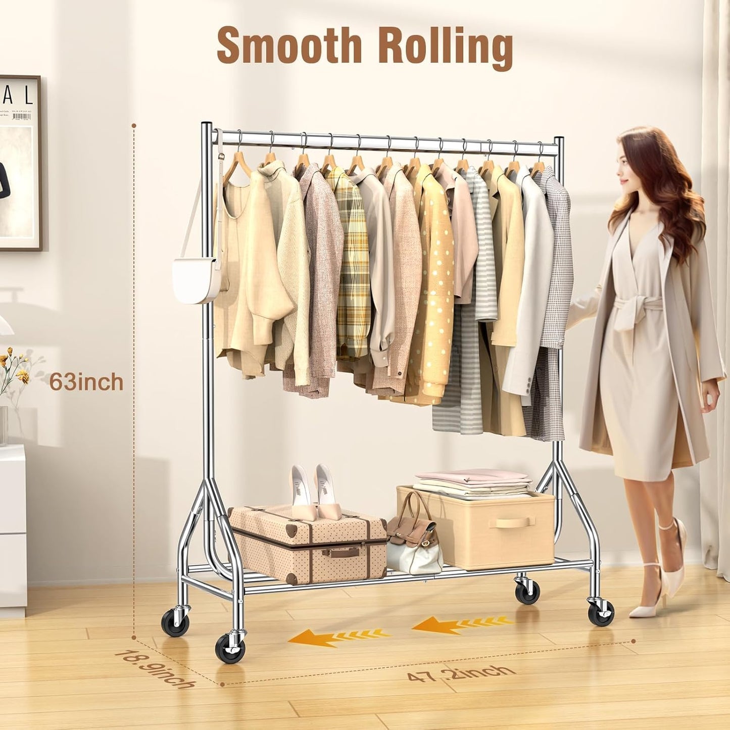 EAGMAK Heavy Duty Clothes Rack Load 420 LBS, 47.2" Long Rolling Garment Rack with Lockable Wheels, Standing Metal Clothing Hanger, Portable Wardrobe Sturdy Coat Organizer for Hanging Clothes (Silver)