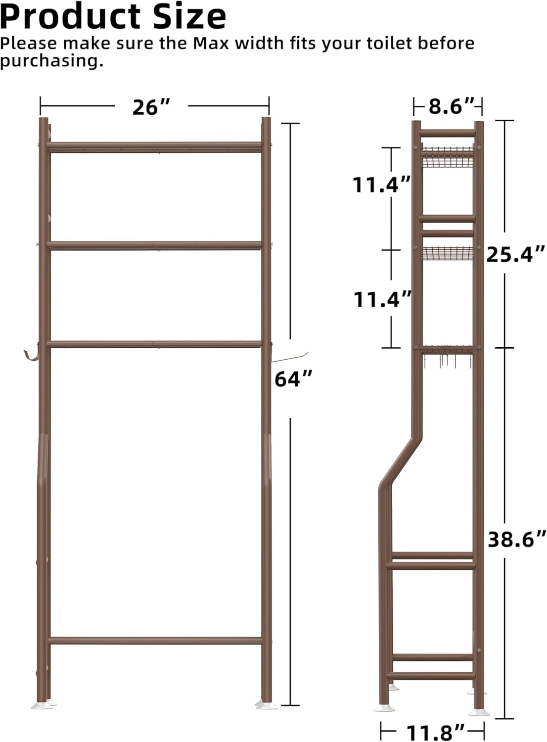 3-Tier Over The Toilet Storage, Freestanding Metal Bathroom Shelves with 4 Hooks, Over Toilet Storage Shelf with Paper Holder, Above The Toilet Shelf for Bathroom Storage, Bronze