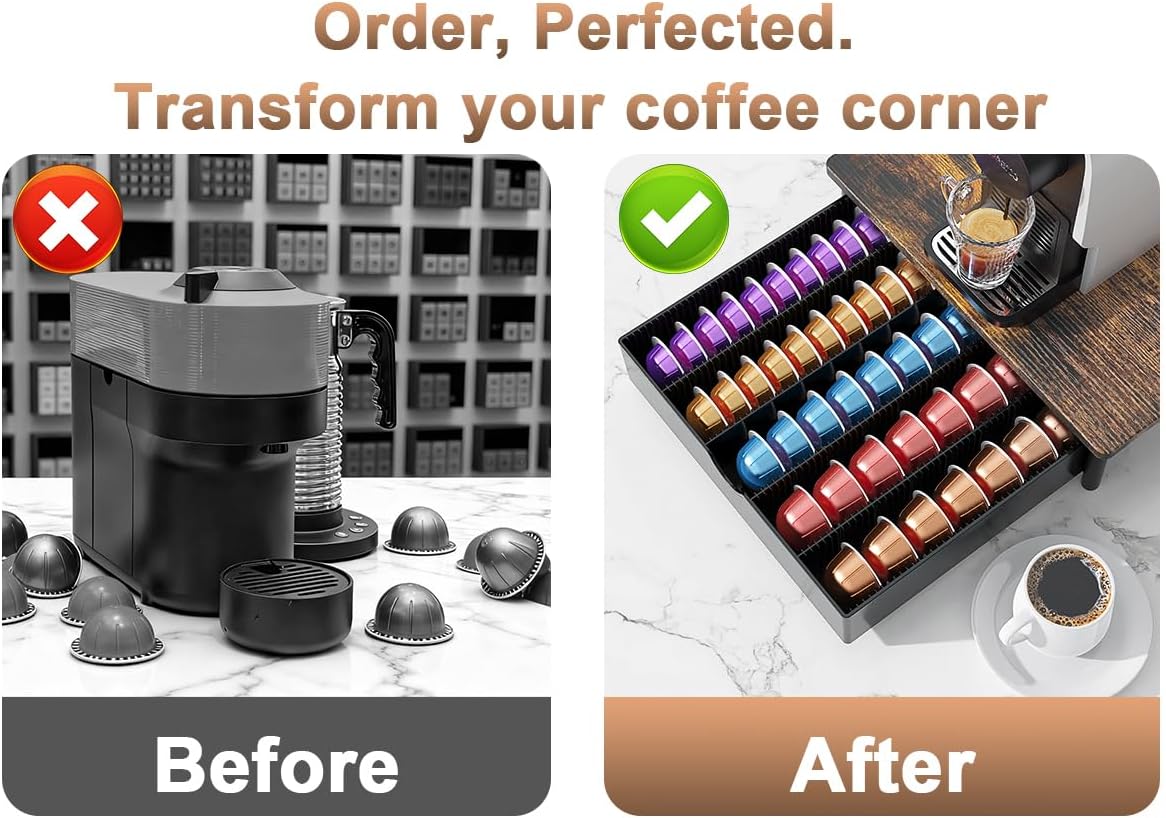 Coffee Pods Drawer Organizer Compatible with Nespresso Vertuo Pods Holds Up to 60 Small or 40 Large (Wood)