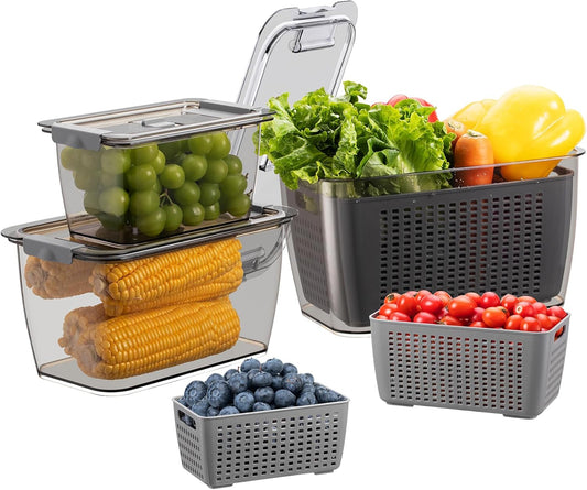 Fresh Fruit Vegetable Storage Containers, 3 Pack Produce Saver Container for Fridge with Lids &Removable Colander BPA-Free Refrigerator organizer for Fruit, Veggie Berry, Meat Keep Fresh Longer- Grey