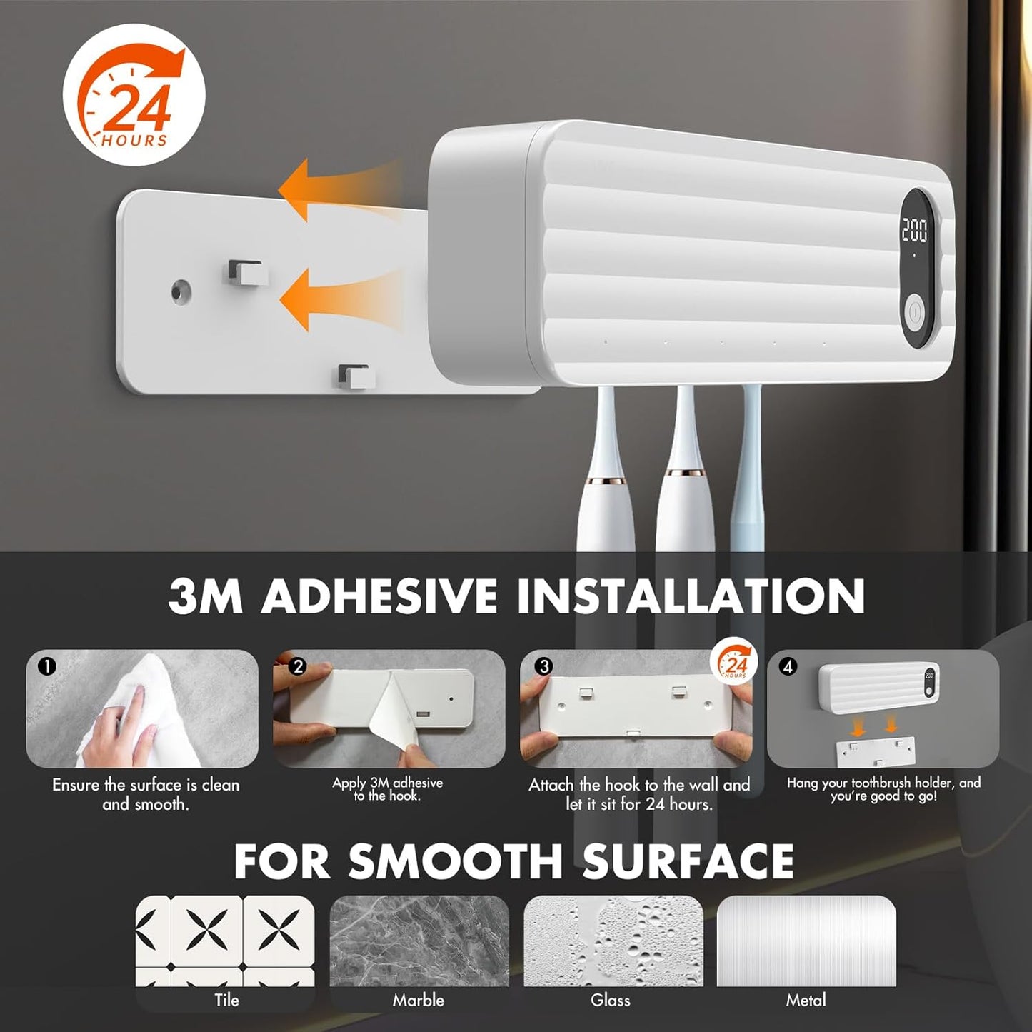 Sanitizeri Toothbrush Cleaner with 5 Slots, Smart Sanitizeri Toothbrush Holder Organizer, Cordless No Drilling Wall Mounted Rechargeable Holders for Bathroom Family, 200/400s Timer Function