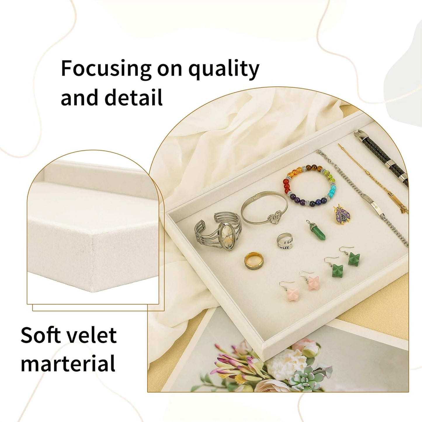 Mornajina 13.8" x 9.5" Velvet Jewelry Tray Jewelry Display Tray, Stackable Empty Plate Trays for Earrings Necklaces Bracelet Rings Display Showcase - Light Khaki
