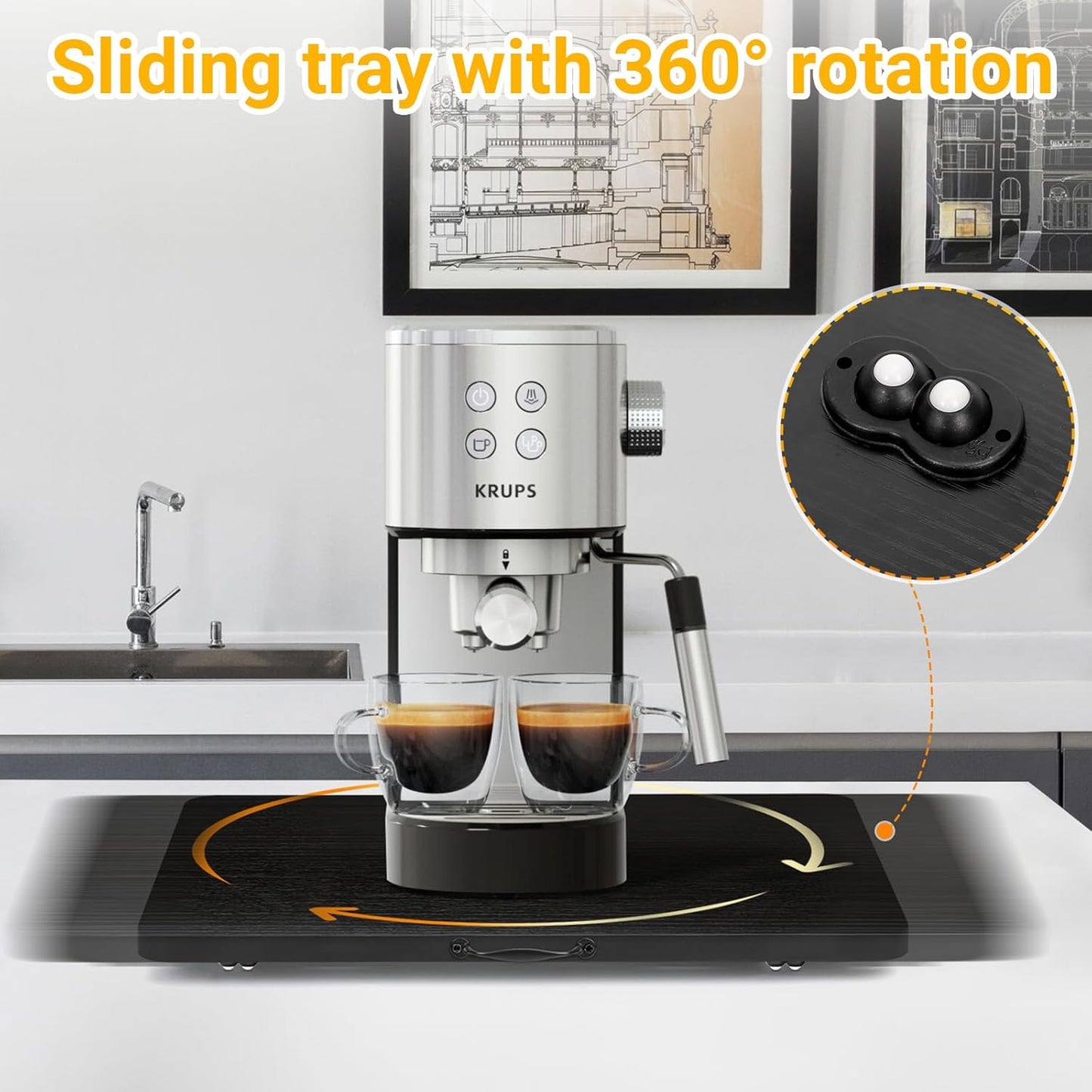 Sliding Tray for Coffee Maker, 360° Rotating Appliance Slider for Kitchen Appliances, Wooden Sliding Tray Suitable for Kitchen Countertops and Kitchen Appliances(Black, Large)