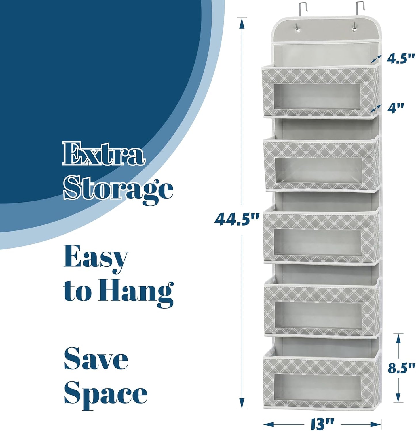 Simple Houseware 5 Clear Window Pocket Over Closet Door Storage Hanging Organizer for Bedroom, Bathroom, Pantry, Geometric Gray