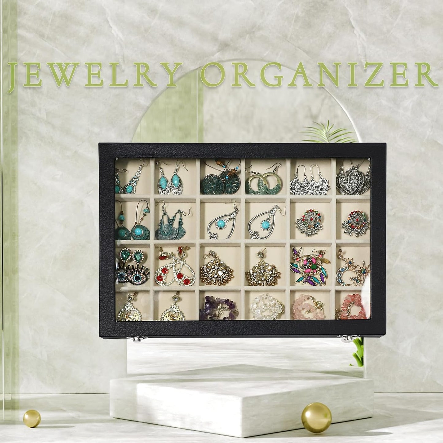 Stratalife Jewelry Tray 24 Grid Earring Organizer with Clear Lid Jewelry Holder Organizer Jewelry Organizer Box Jewelry Storage Crystal Holder For Stones Display (Beige Black)