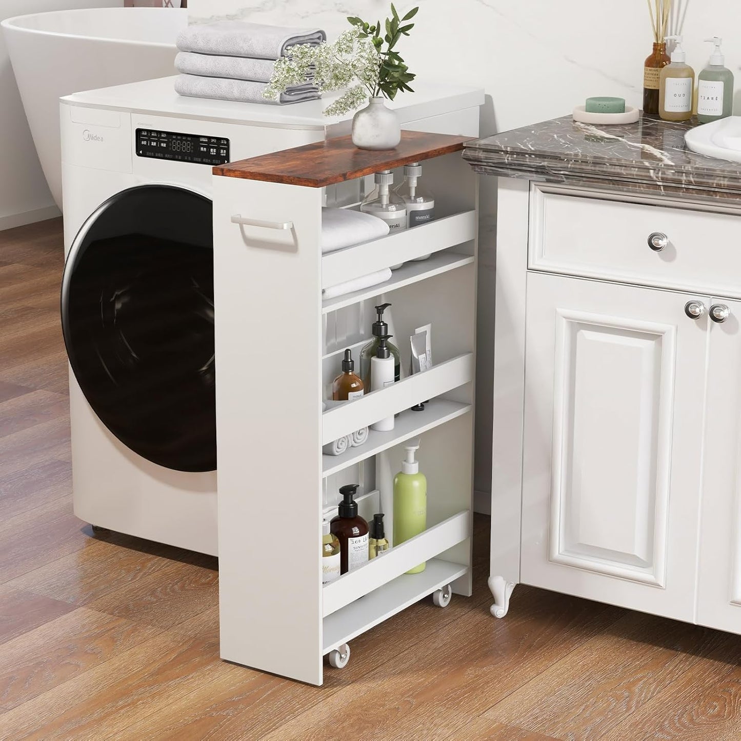 LOKO 4-Tier Rolling Storage Cart, 8 Inches Slim Kitchen Cart on Wheels with Open Shelves & Handle, Laundry Room Cart Between Washer and Dryer, for Bathroom Next to Fridge (White & Rustic Brown)