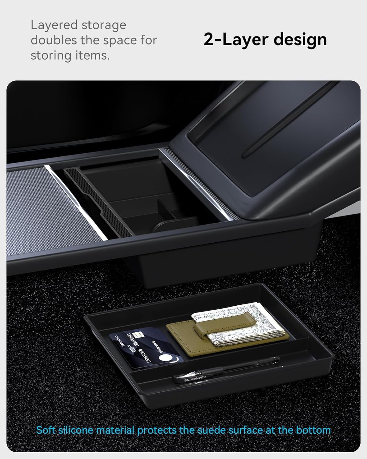 2025 Upgrade Center Console Organizer Tray for Tesla Model 3 Highland Accessories 2024 2026, Divided Storage Double Layer Space Slide smoothly - 4 PCS, Black