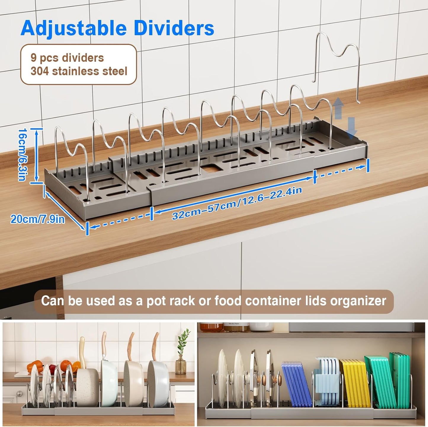 Pots and Pans Organizer Under Cabinet, 22" Expandable Food Storage Container Lid Organizers with 9 Adjustable Dividers Pot and Pan Lid Holders Rack Inside Cabinet/Countertop(1 Pack, Gray)