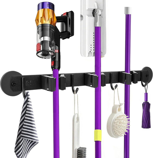 Magnetic Broom Holder Wall Mount - Heavy Duty Non-Slip Mop Hanger with 4 Hooks And 5 Rack, No Drill Tool Organizer for Refrigerator,Garage,Laundry Room (Black, 3Racks 4Hooks)