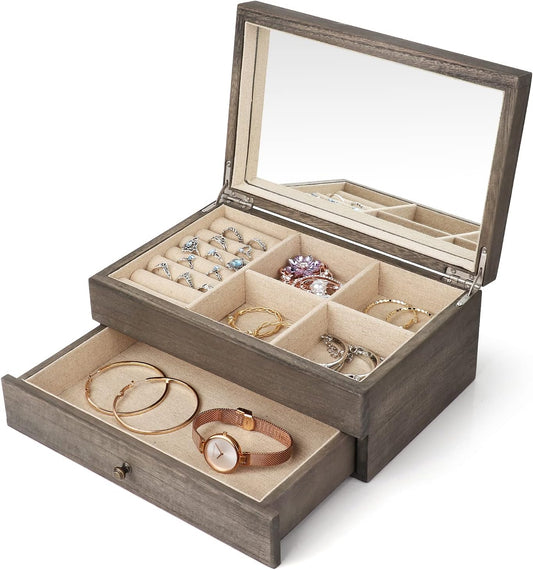 Meangood Jewelry Box Organizer for Women, 2 Layer Large Jewelry Storage Case, Rustic Wooden Jewelry Box with Mirror & Ring Tray for Necklace Earring Bracelets Rings, Vintage Style (Weathered Grey)