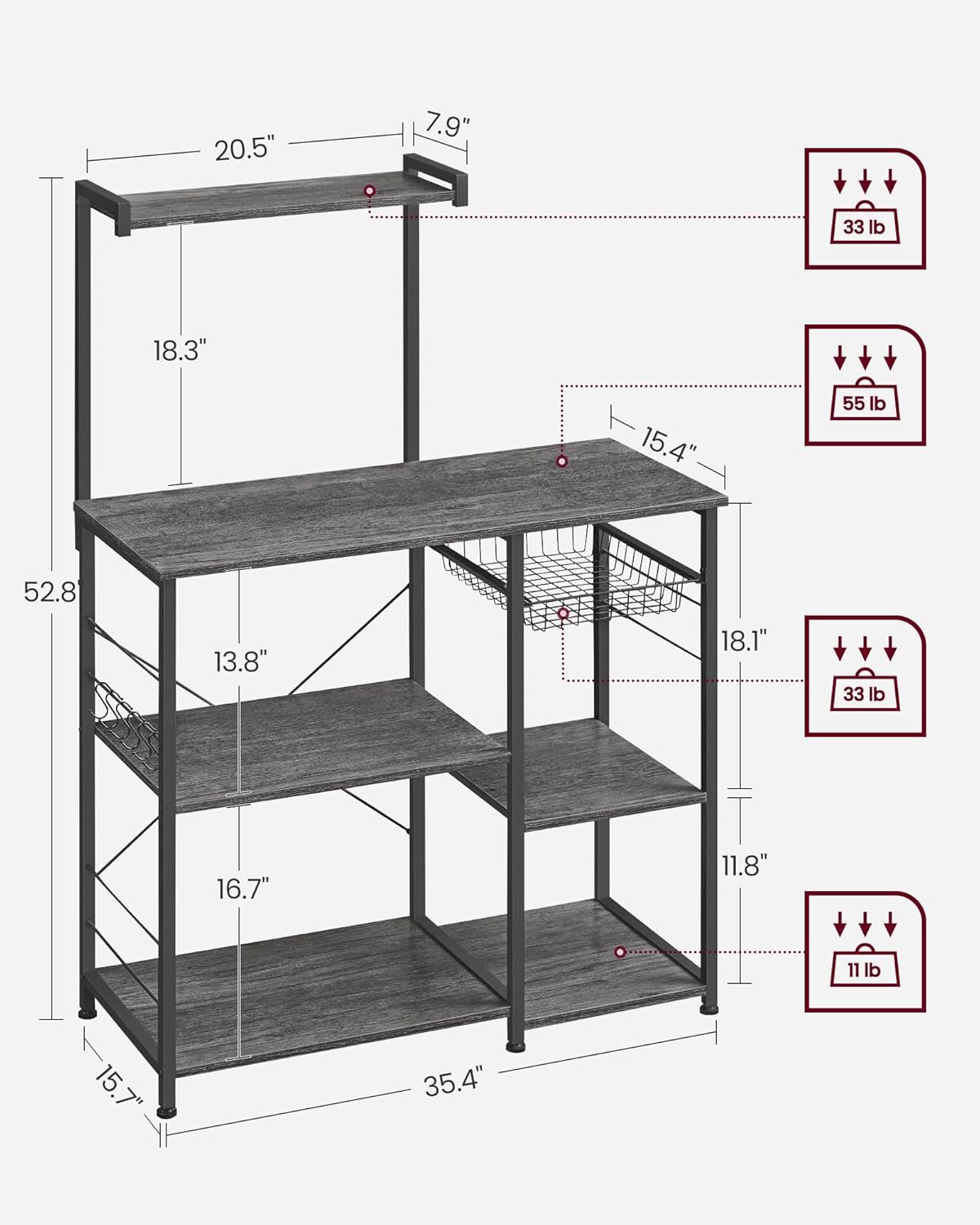 VASAGLE Baker's Rack, Microwave Stand, Kitchen Storage Rack with Wire Basket, 6 Hooks, and Shelves, for Spices, Pots, and Pans, Charcoal Gray and Ink Black UKKS035B04