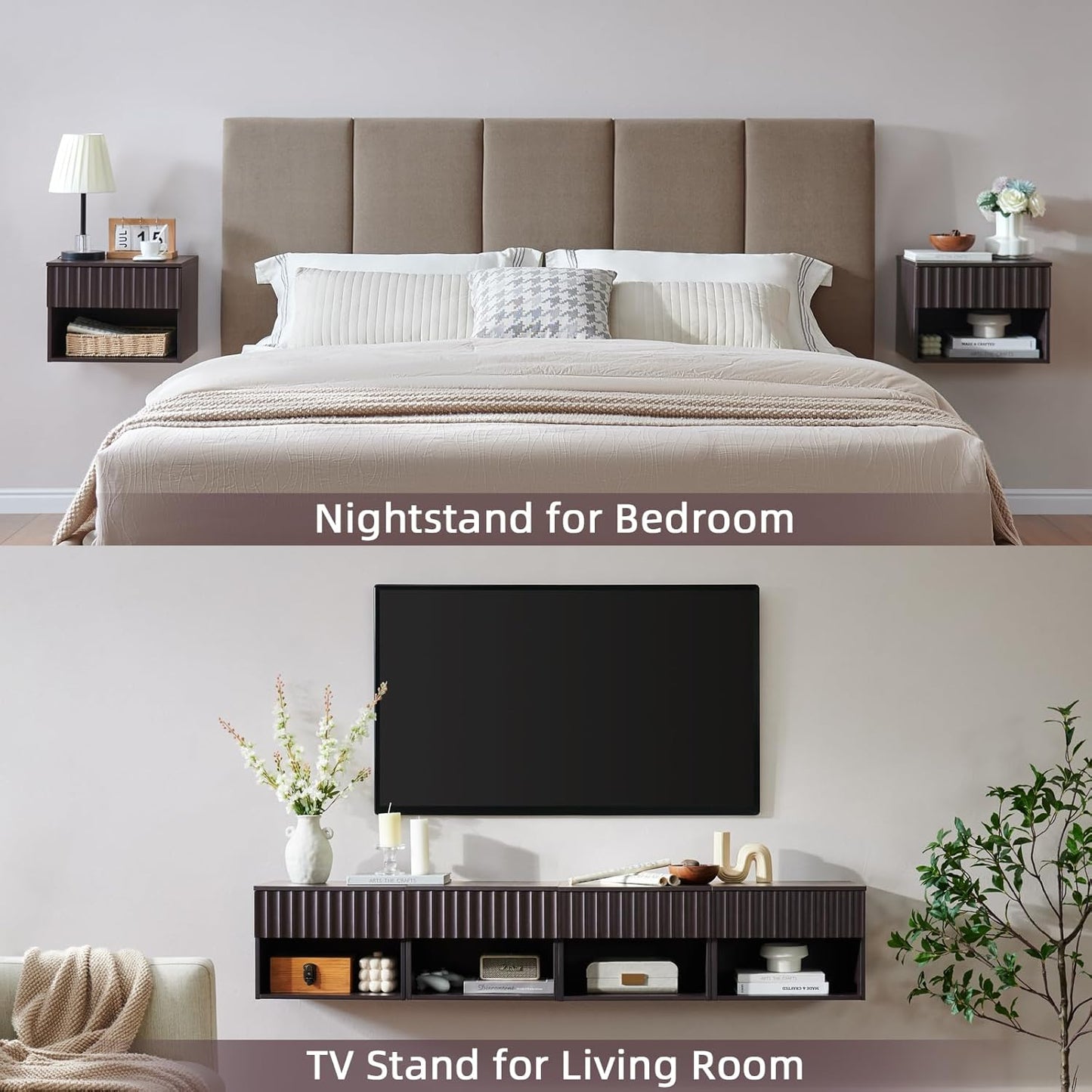 Floating Nightstand with Fluted Drawer - Modern Wall Mounted Bedside Table with Open Storage Shelf, Small Night Stand TV Stand for Bedroom(Espresso, Set of 2)