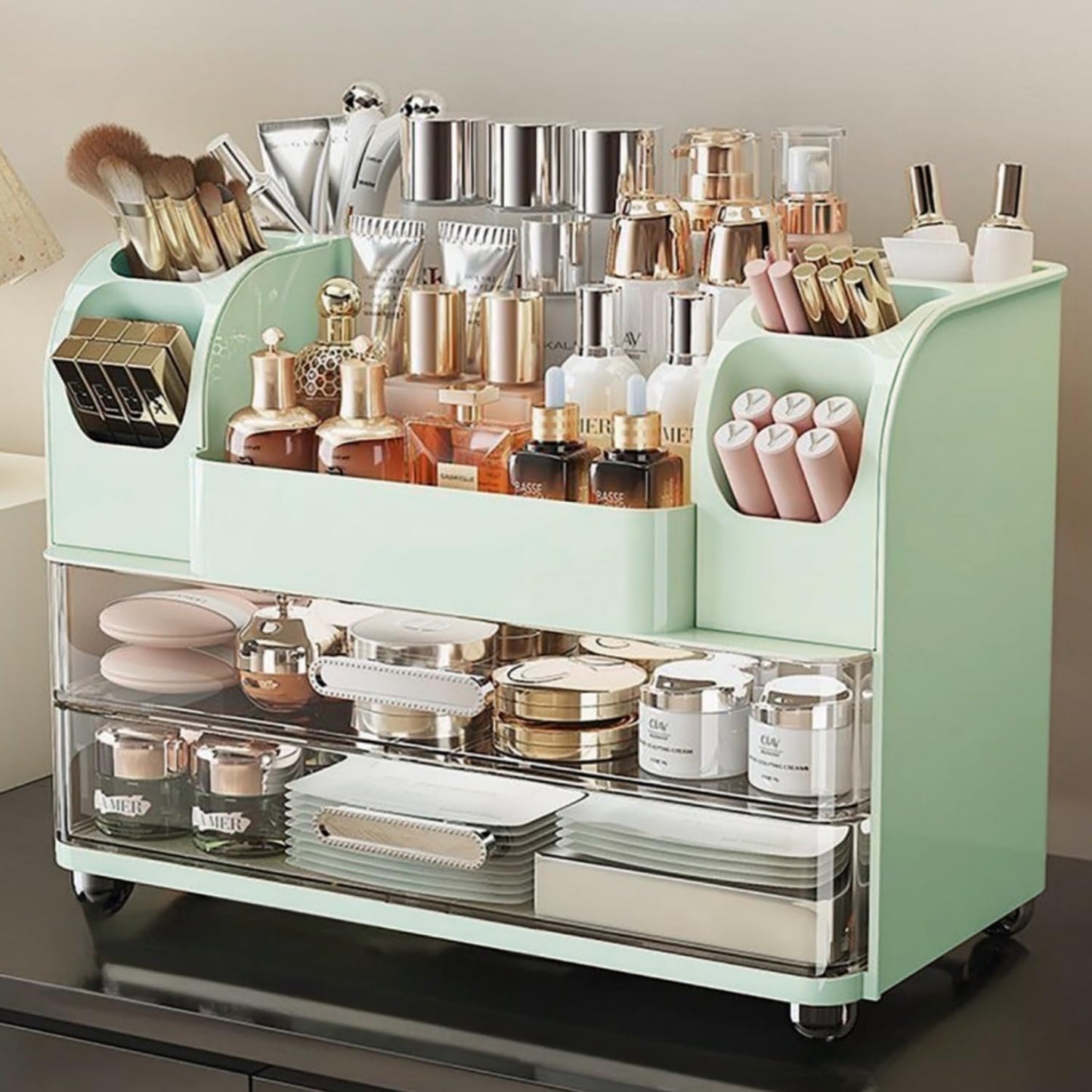 Makeup Organizer with Drawers for Vanity,Bathroom Countertop Organizer with Brushes Holder,Skincare Storage Organizer,Perfect Cosmetic Display Case for Skincare,Lipstick and Beauty Essential (Green)