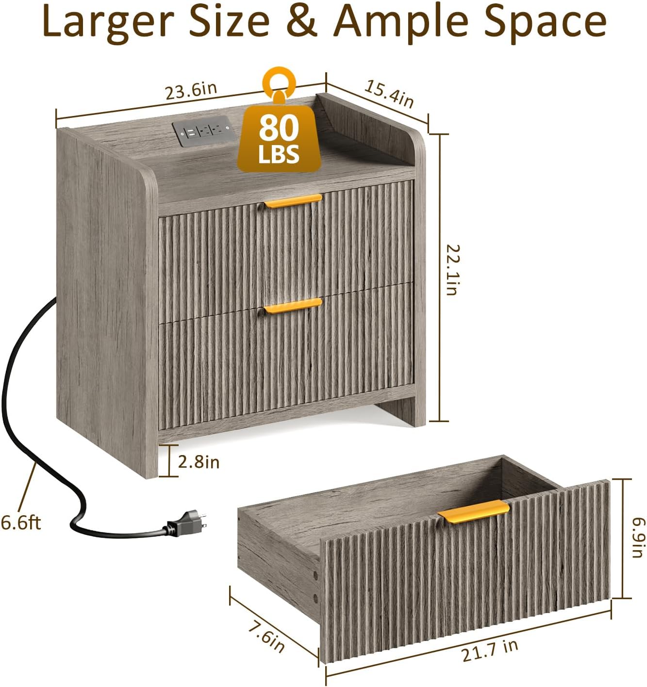 Fluted Nightstand Set of 2, 23.6" Modern Night Stand with Charging Station, Bedside Table with 2 Drawers, Modern Wood Night Stand Set 2 for Bedroom, Living Room, Grey