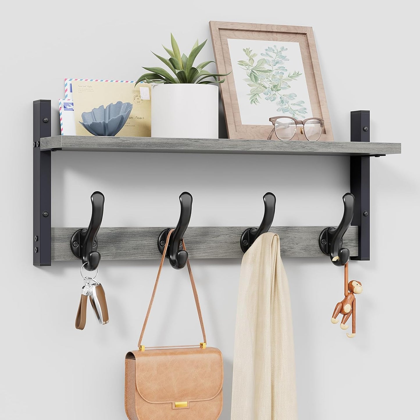 Tatub 20" Rustic Coat Rack Wall Mount with Shelf, Wall Hooks with Shelf, Heavy Duty Entryway Organizer Hangers for Hanging, Hat, Bag, Jacket for Bathroom, Living Room, Bedroom, Gray