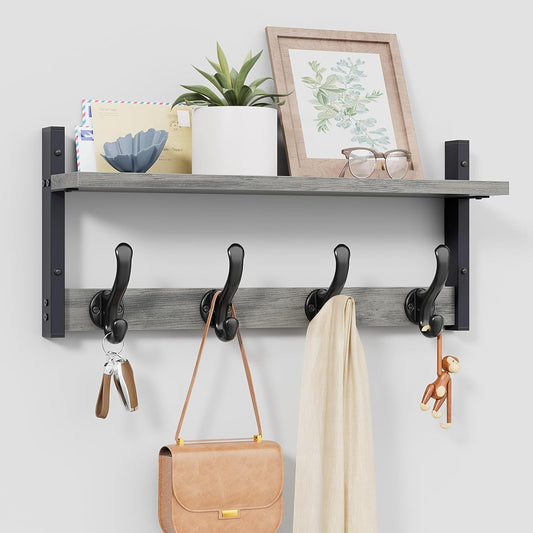 Tatub 20" Rustic Coat Rack Wall Mount with Shelf, Wall Hooks with Shelf, Heavy Duty Entryway Organizer Hangers for Hanging, Hat, Bag, Jacket for Bathroom, Living Room, Bedroom, Gray