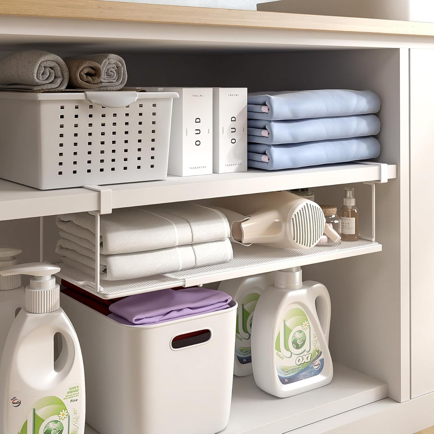 Expandable Under Cabinet Shelf, Extendable Under Shelf Storage with 0.94 Inches Thick Clips for Shoe Rack, Pantry Cabinet, Laundry Room. (White, 2 Pack, Interior: 6" H x 8.26" D)