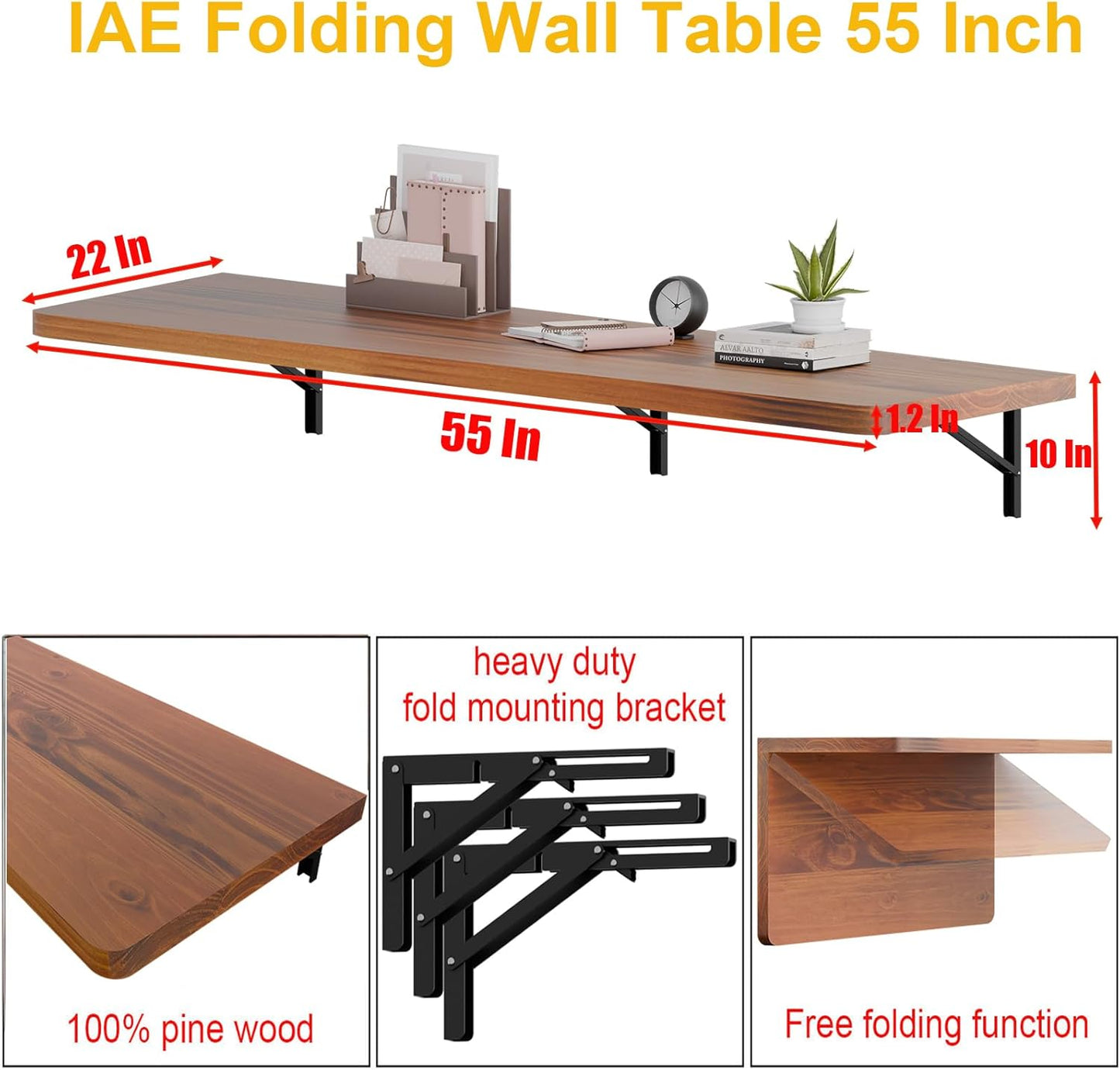 IAE Floating Wall Mounted Folding Table Desk with Pine Wood,55" x 22" Foldable Workbench,Fold Down Wall Mounted Foldable Desk with Shelf Brackets,Laundry Folding Table for Home,Dining,Kitchen,Teak