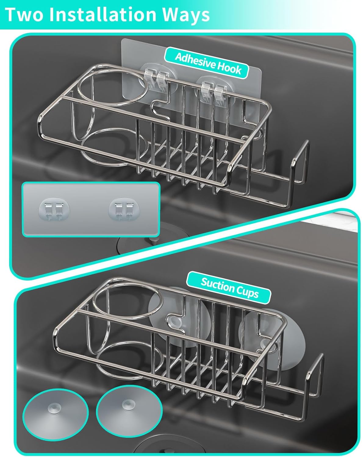 HapiRm Sink Caddy Sponge Holder - No Drill Sponge Caddy for Kitchen, Rustproof and Waterproof Kitchen Sink Organizer - Silver（2-Pack）