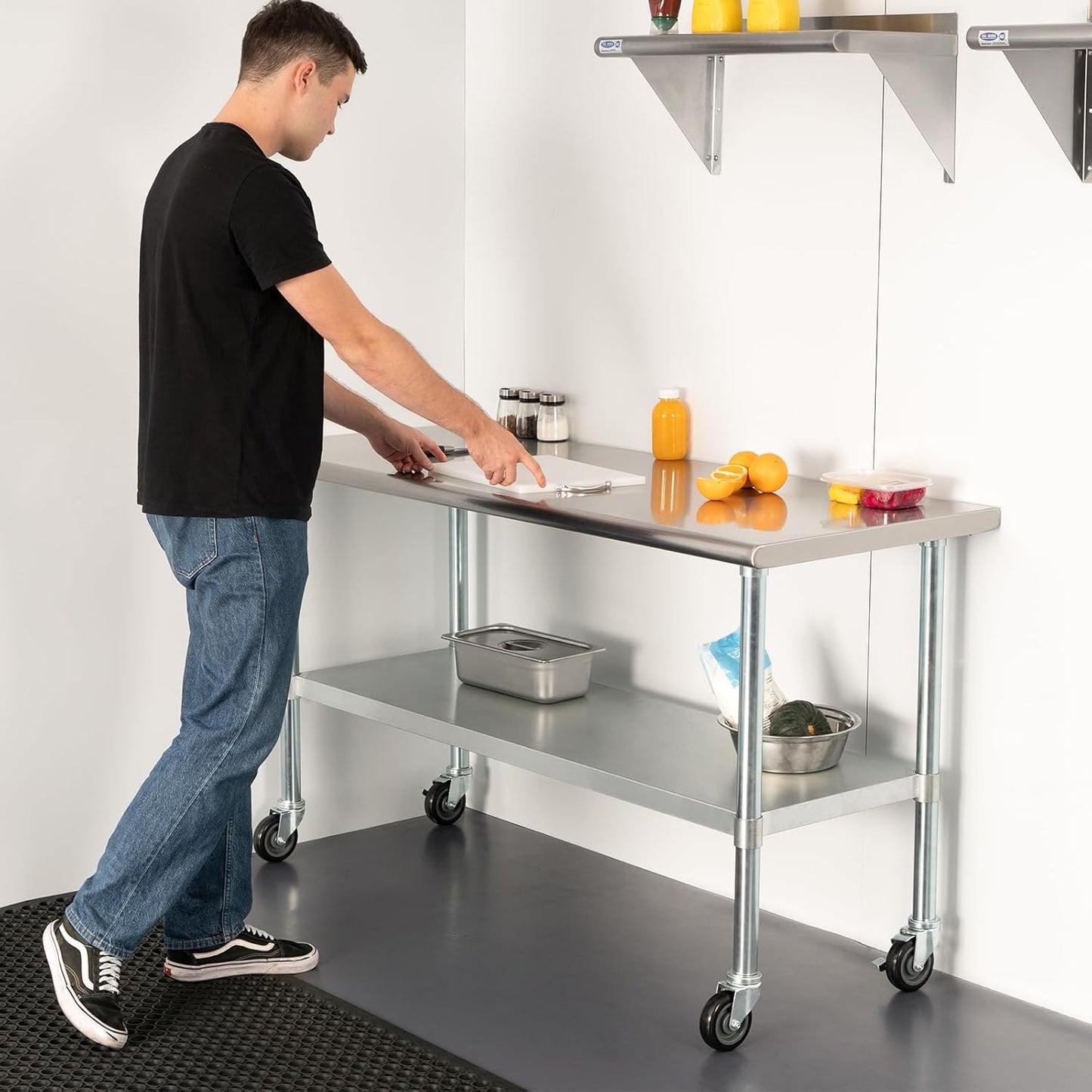 HARDURA Stainless Steel Table with Wheels 24 x 72 Inches Casters NSF Heavy Duty Commercial Work & Prep Table with Undershelf and Galvanized Legs for Restaurant Kitchen Bar and Hotel Garage