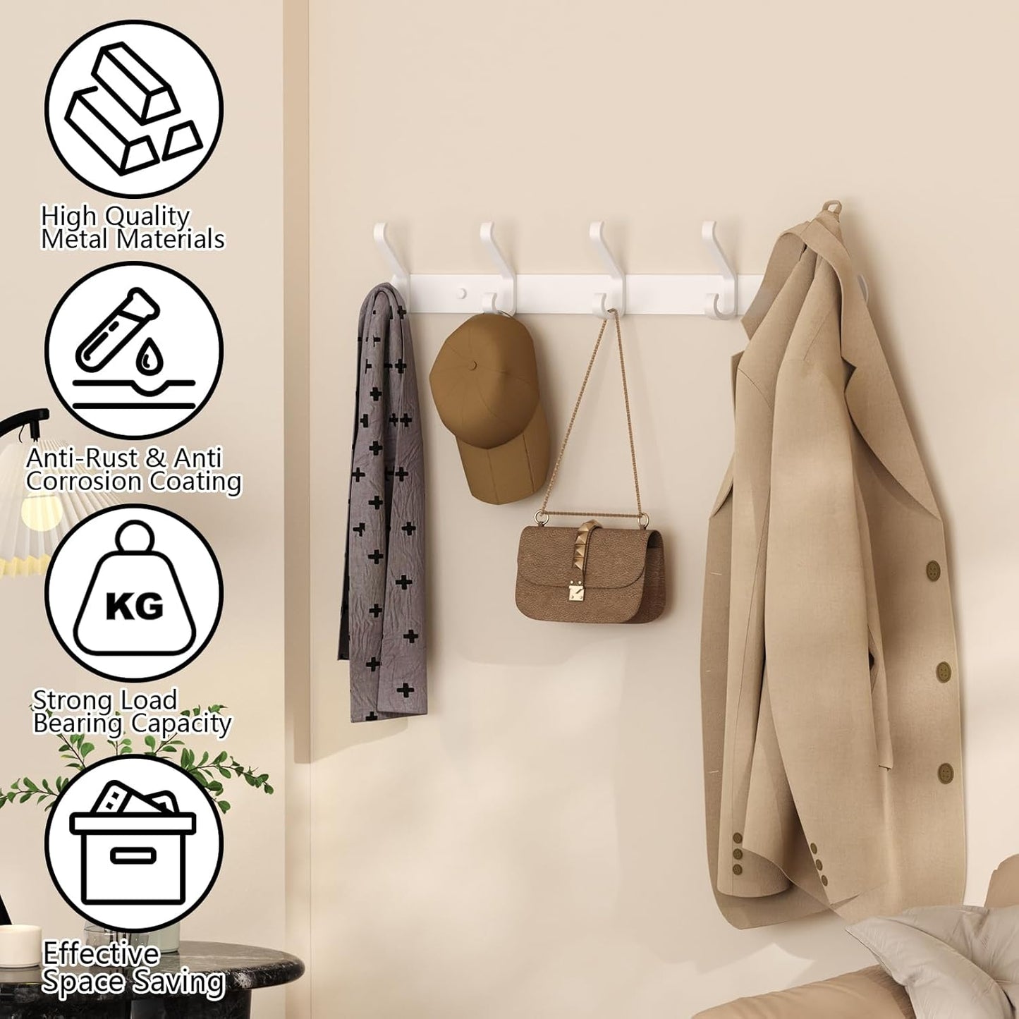 Coat Rack Wall Mount,17.3 in Wall Hooks for Hanging, Coat Hanger Wall Mount Towel Rack Hat Rack for Wall with 5 Hooks for Entryway, Bedroom, Bathroom (White,5Hooks-2Pack)
