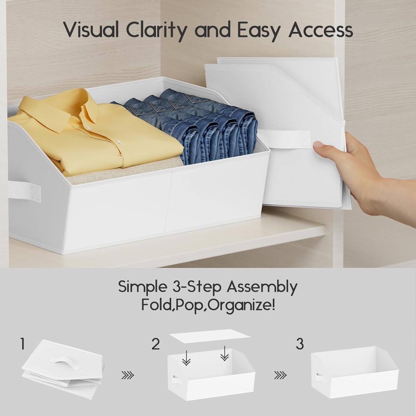 Large Closet Organizers and Storage Bins - 6 Pack Trapezoid Storage Baskets for Shelves, Foldable Fabric Baskets with Handles Ideal for Closet, Basket, Wardrobe and Shelf Storage, White