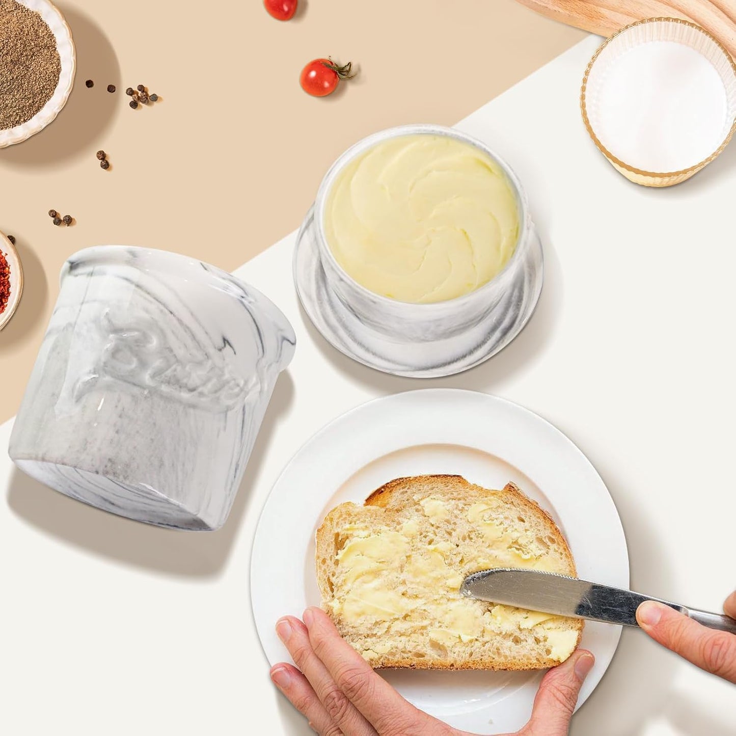 Ceramic Butter Crock with Lid & Spreader Knife, Butter Keeper - Ideal Butter Storage & Countertop Butter Dish, Marble White