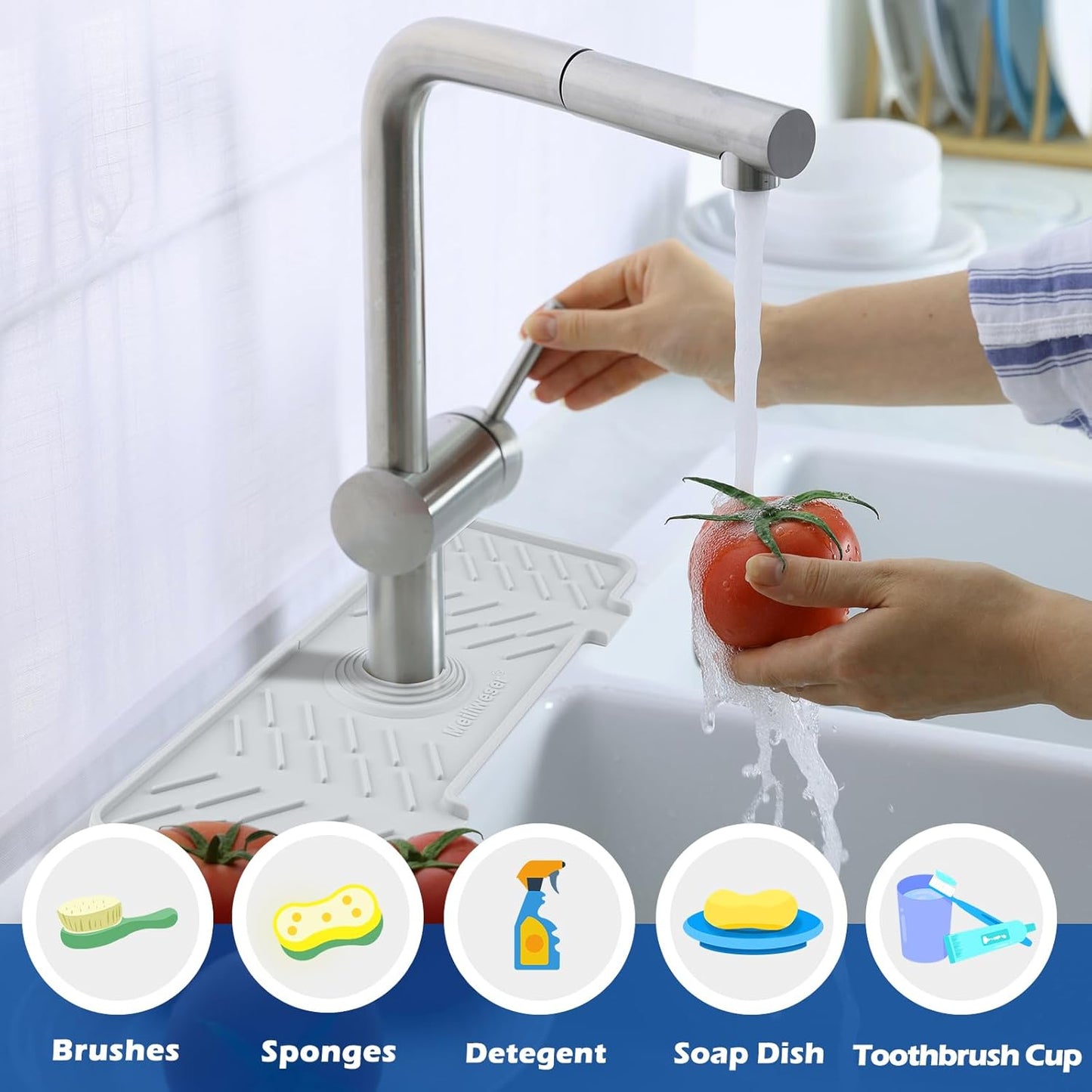 Meiliweser Silicone Faucet Mat for Kitchen Sink – Gen 3 10° Slope Splash Guard with Cuttable Hole – 14” x 5.5” Drip Catcher & Sponge Holder for Kitchen, Bathroom (White)