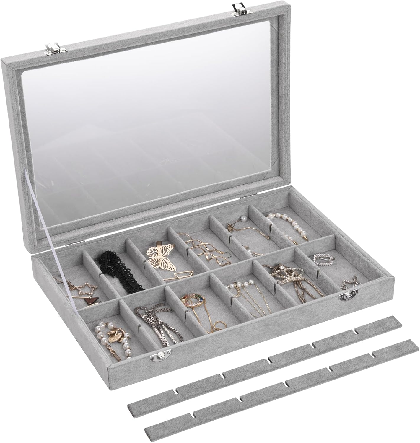 Frebeauty Velvet Jewelry Tray,24 Grid Jewelry Organizer with Clear Lid,Earring Holder Organizer with Clasp,Drawer Insert Rings Pendants Brooches,13.8 x 9.5 x 2 Inches,Gift for Women Girls(Grey)