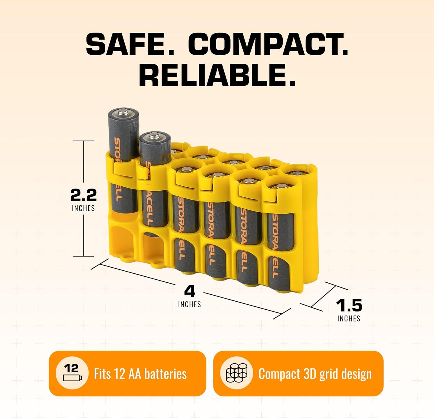 Storacell AA-12 Battery Storage Caddy and Dispenser (Pack of 2), Yellow, Holds 12 AA Batteries (Not Included), Durable & Compact Design, The Original Battery Caddy, Made in The USA