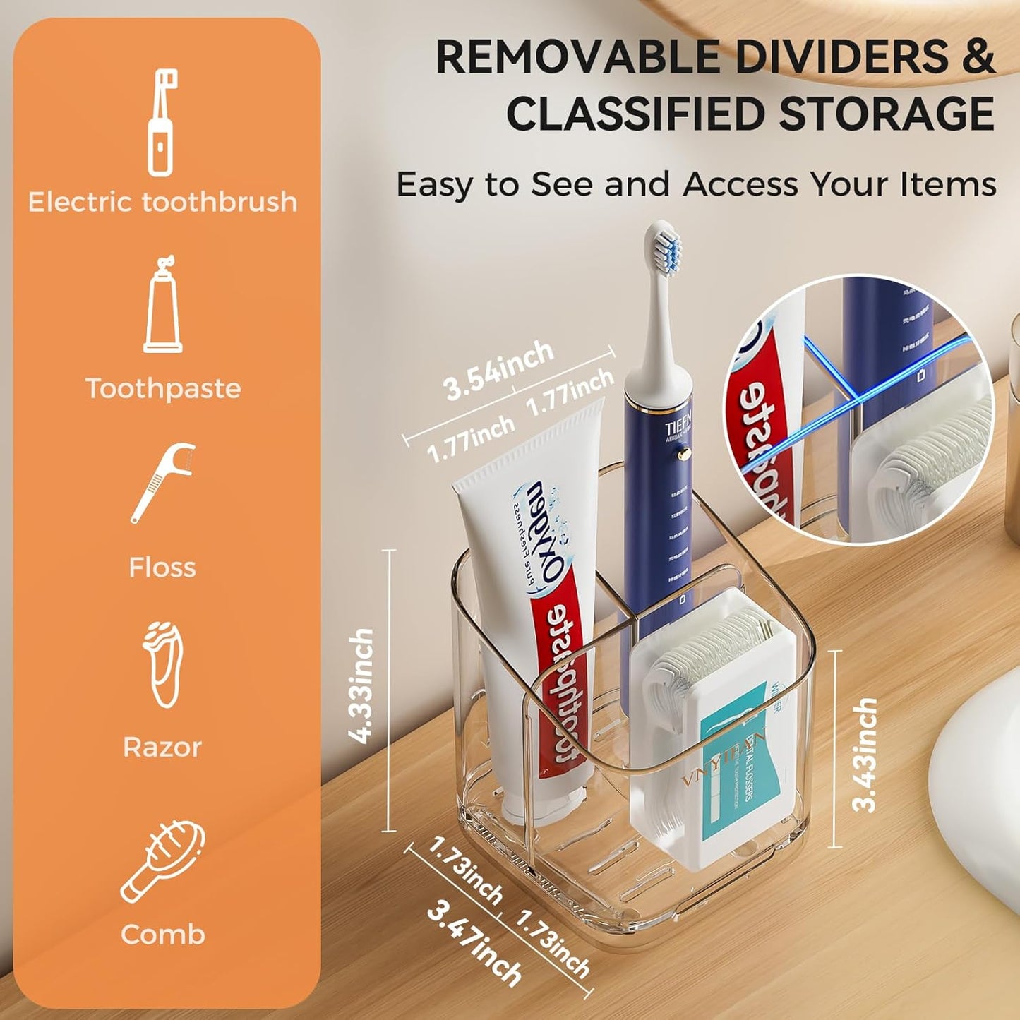 Toothbrush Holders for Bathrooms, 3 Slots Detachable Toothbrush Holder Wall Mounted with Divider, Removable Electric Tooth Brush and Toothpaste Holder Organizer for Bathroom Countertop/Kitchen/Office