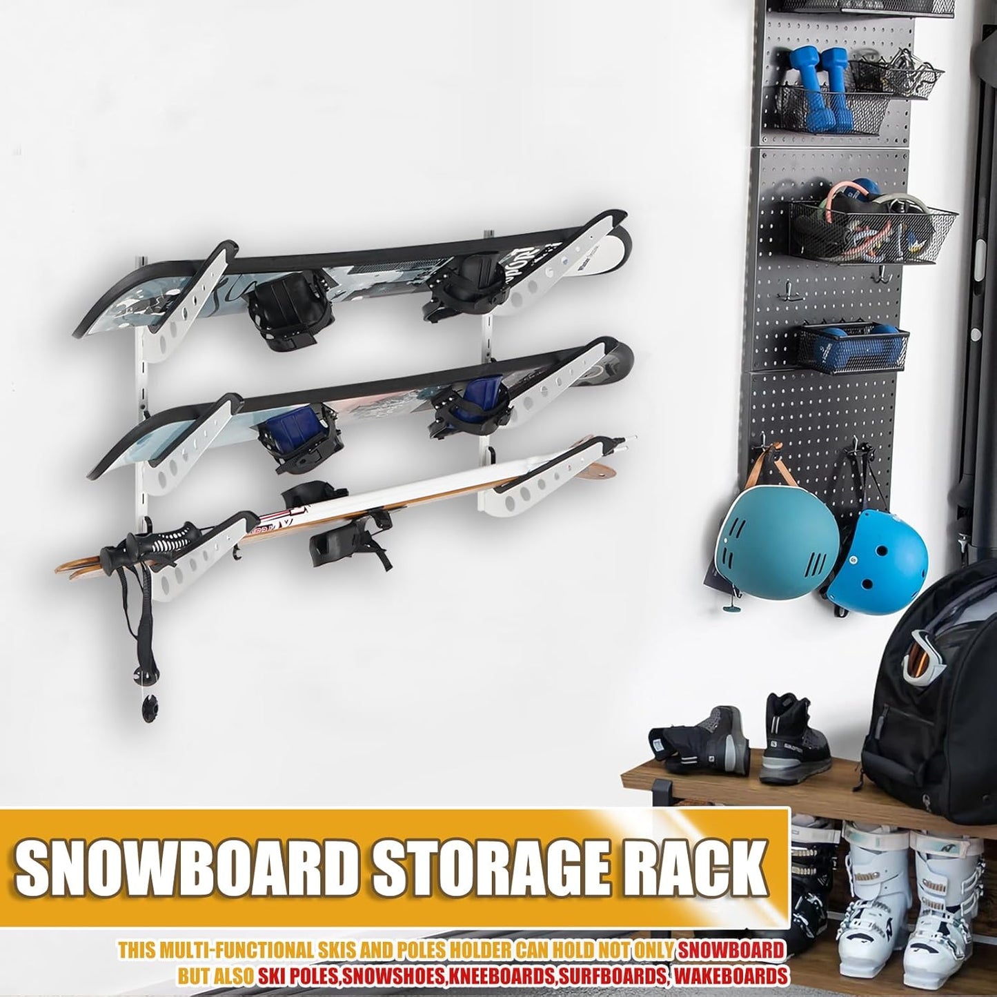 Snowboard Wall Racks, Adjustable Storage Rack for Ski, Surfboard, Wakeboard, Snowboard Wall Mount Display, White/Black