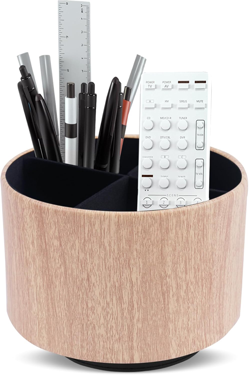 Round Leather Art Supply Organizer,Remote Control Holder,360 Degree Spinning,Multi-Functional Pencil Holder,4 Compartments Desktop Stationary Organizer(1-Thin Wood Yellow)