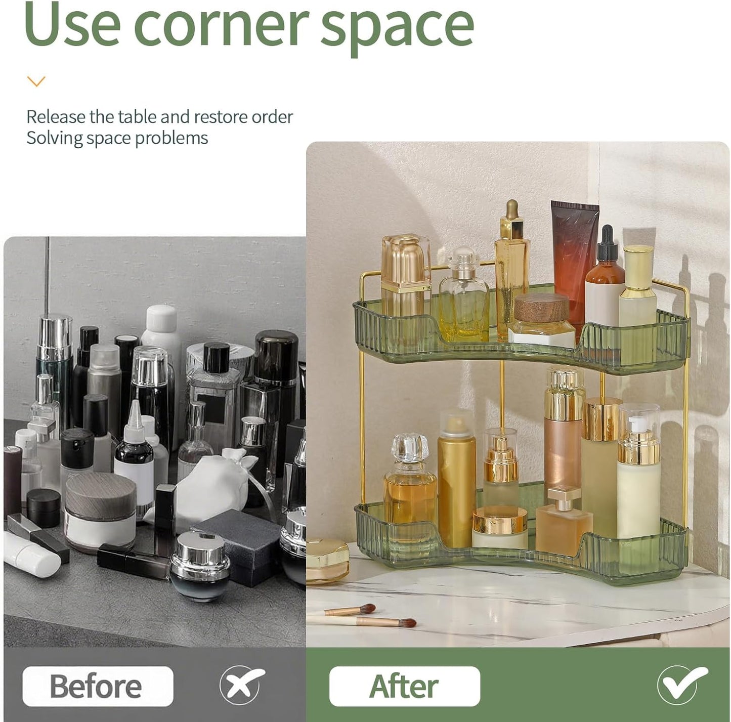 Corner Bathroom Countertop Organizer, Vanity Trays for Counter, Makeup Organizers, Perfume Tray, Kitchen Spice Rack, (Green, 2 Tiers)