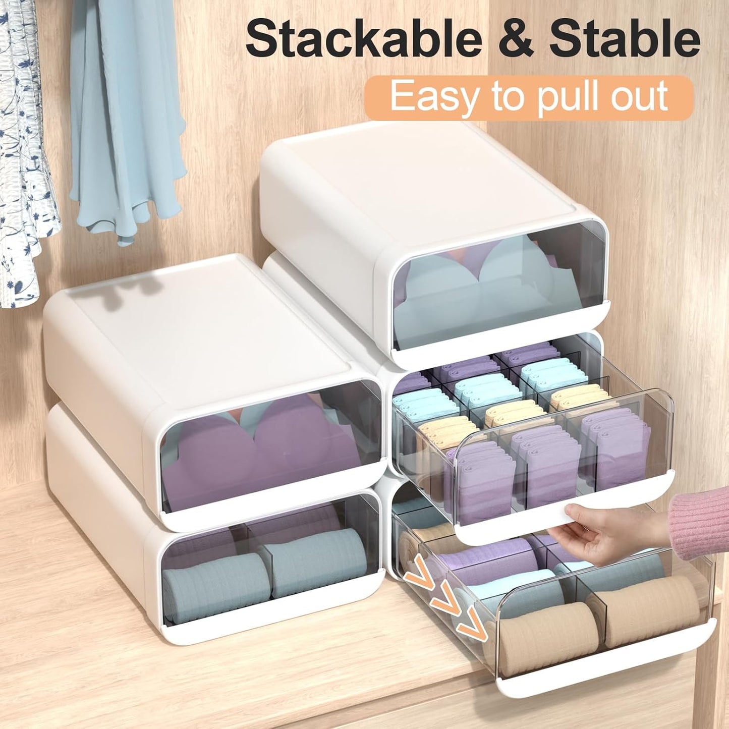 Underwear Organizer Drawer, 1 Cell Plastic Sock Underwear Storage Drawer, Stackable Closet Organizers and Storage Box for Bras, Socks, Scarves, Ties, Belt (Queen Size-White, 1 Pcs)