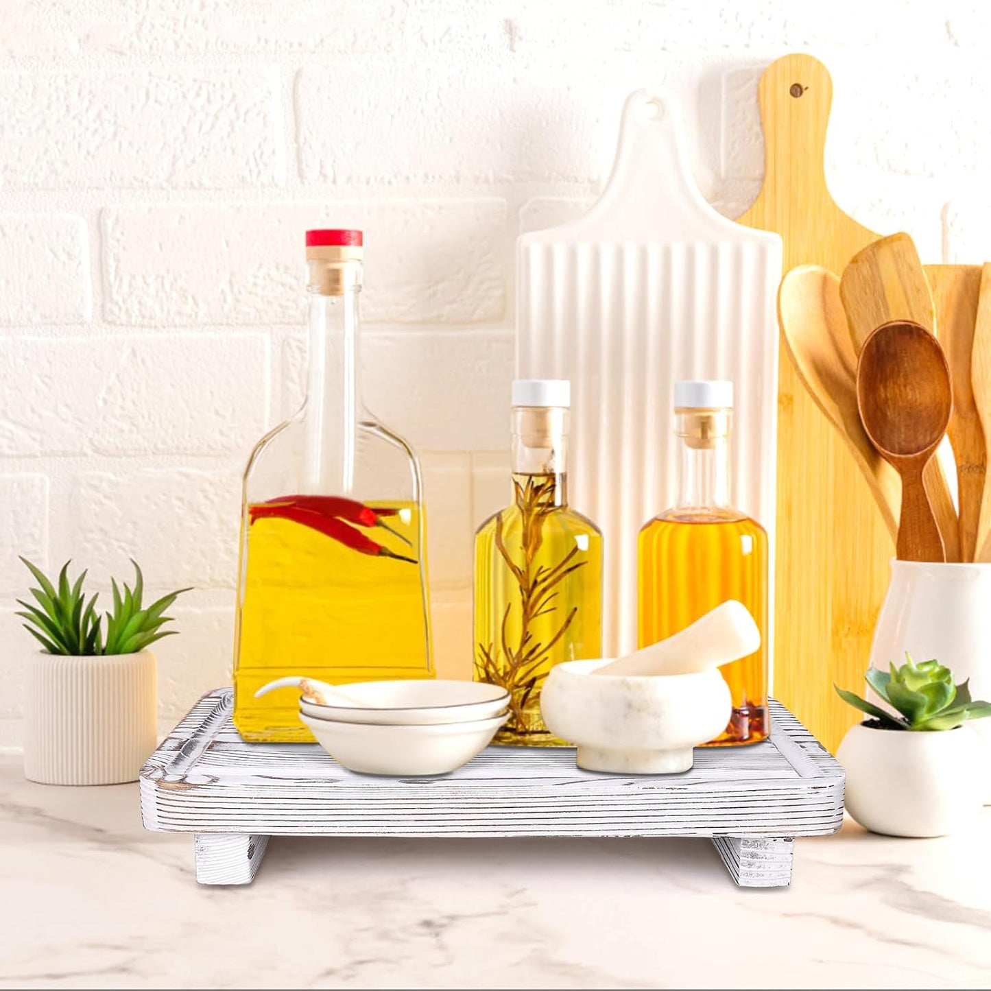 Bathroom Counter Tray Wood Pedestal Stand White Kitchen Countertop Trays Decorative Wooden Riser Display Stands Dish Soap Dispenser Holder for Bathroom Sink Accessories Kitchen Decor Vanity Tray