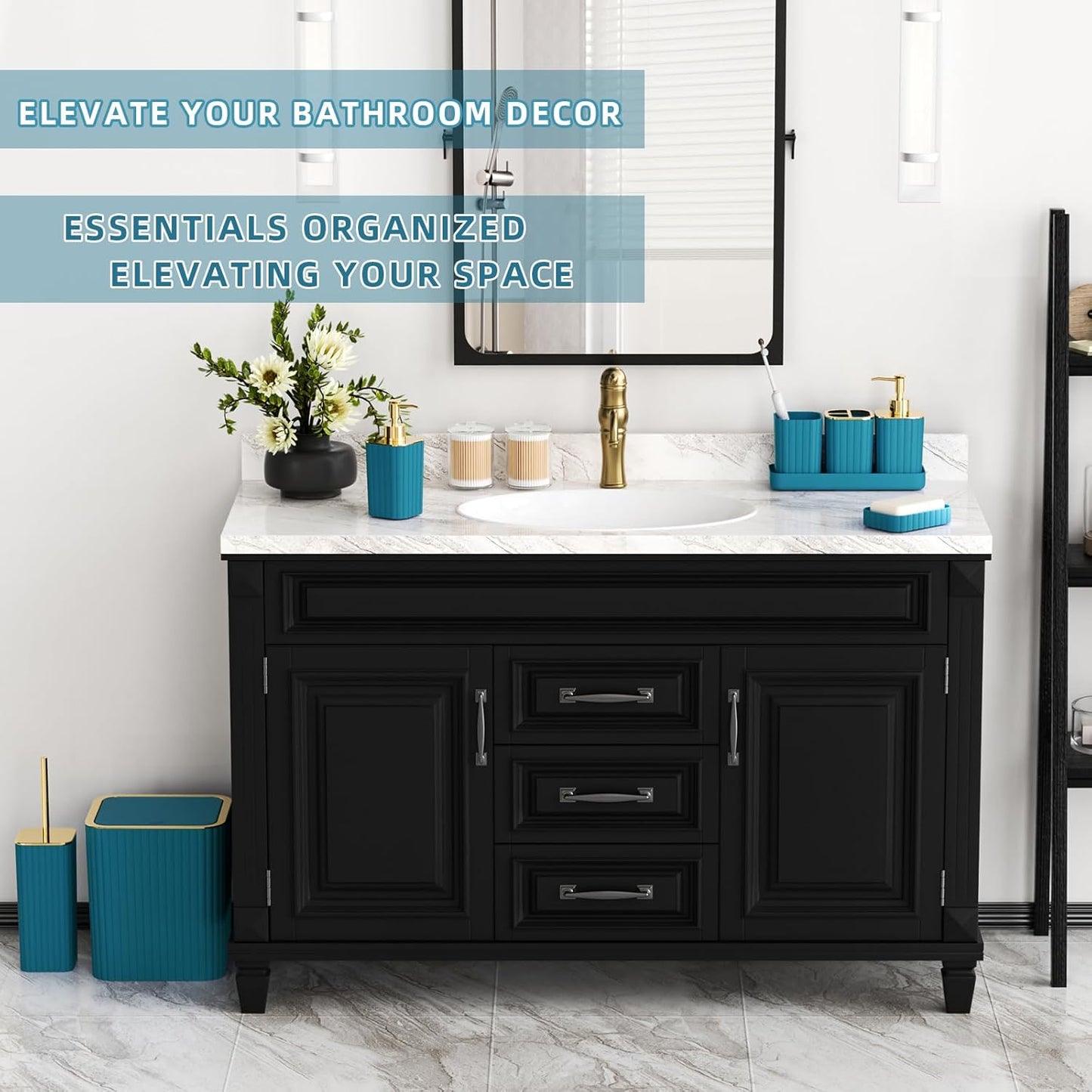 Bathroom Accessories Set - Gorgeous Bathroom Set, 10PC Teal Bathroom Accessory Set, Toilet Brush, Trash Can, Qtip Holder Dispenser & Soap Dispenser