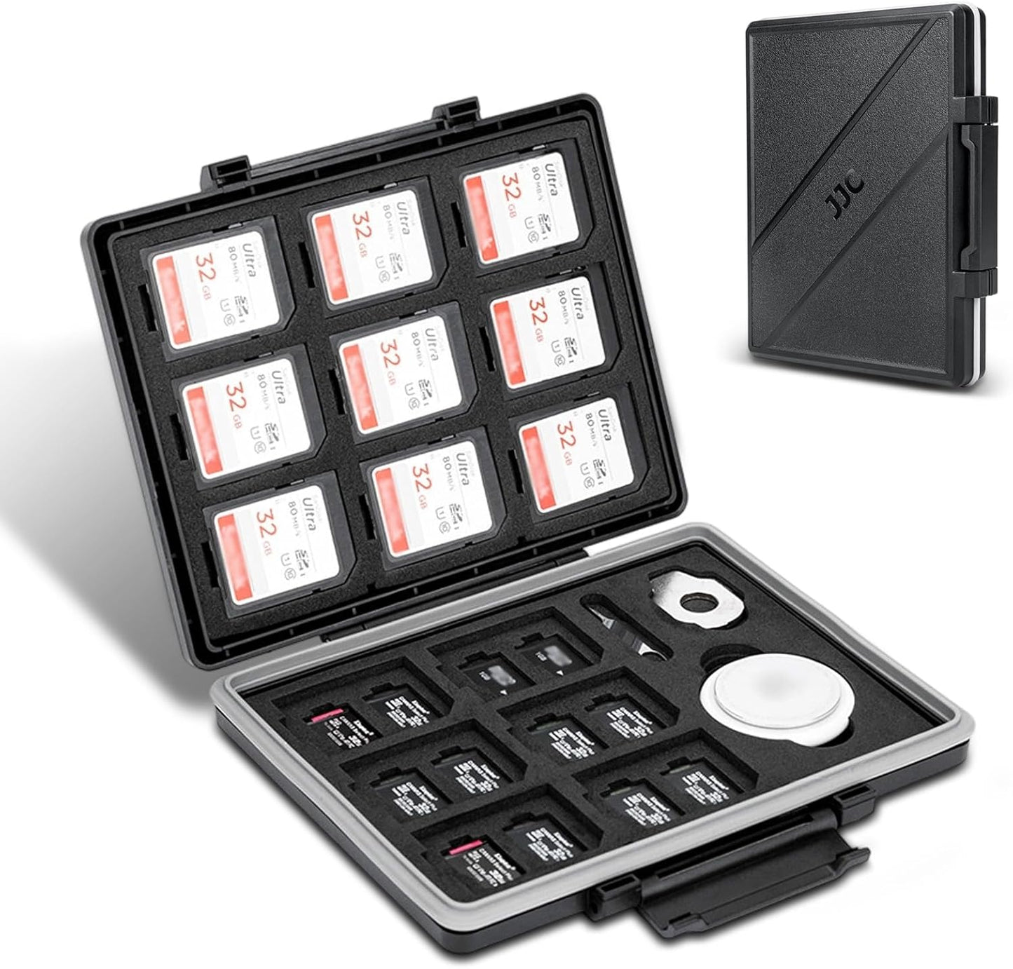 JJC 45 Slots Memory Card Case for 30 Micro SD and 15 SD Cards with AirTag Slot, Water-Resistant Anti-Shock Anti-Dust, Micro SD/SDHC/SDXC TF Card and SD/SDHC/SDXC Holder Organizer Storage