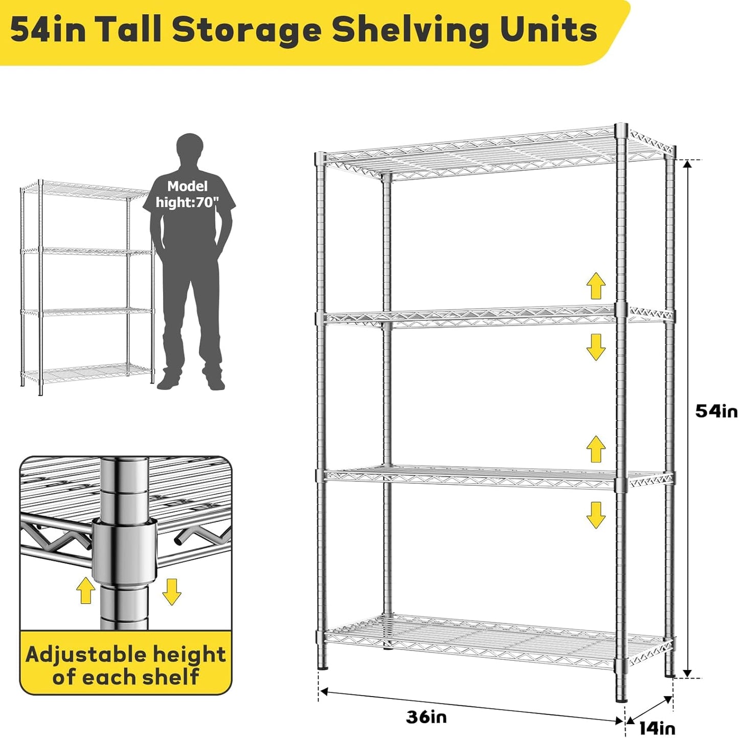 Storage Shelves Heavy Duty, 36" L x 14" W x 54" H Garage Wire Shelving Unit Loads 1400LBS, 4-Tier Adjustable Metal Industrial Utility Shelf Rack for Kitchen, Laundry Room, Pantry, Warehouse, Basement