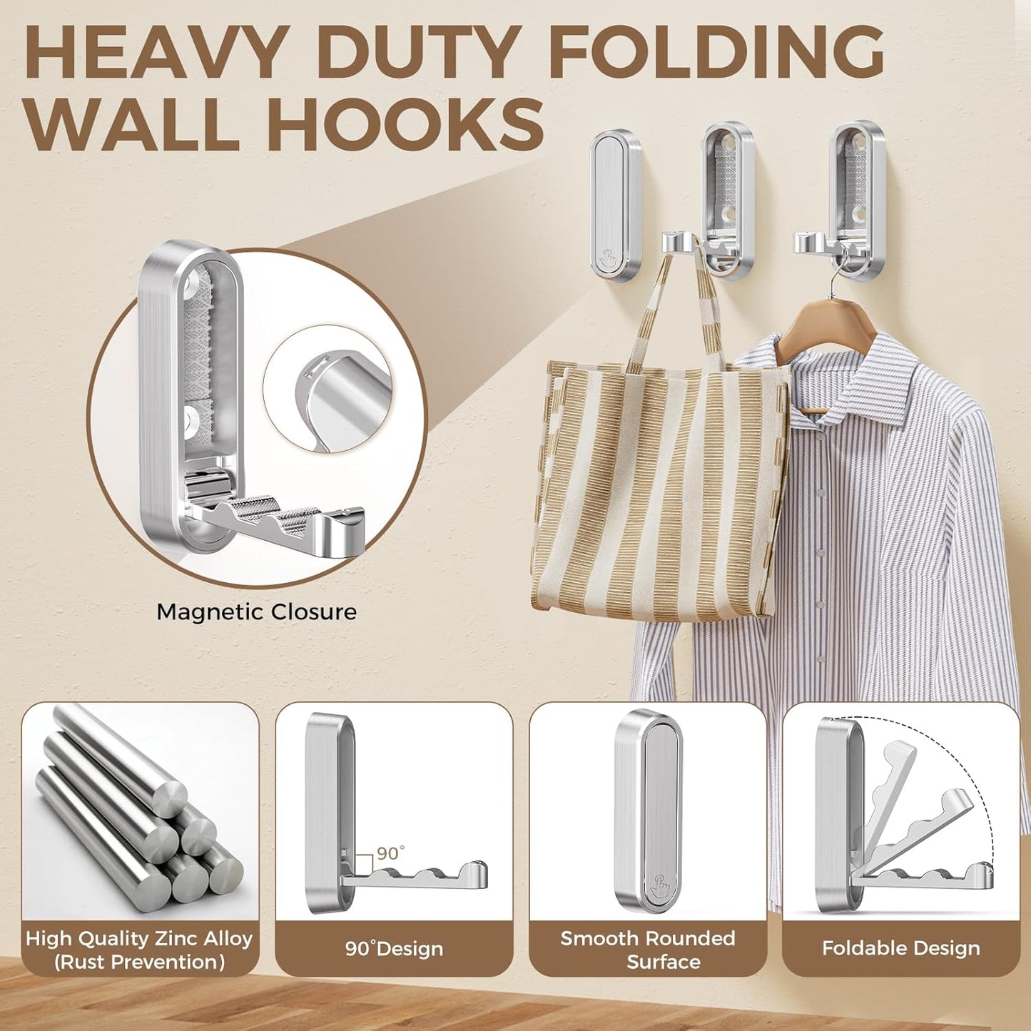4-Pack Heavy Duty Zinc Alloy Folding Wall Hooks for Bathroom, Kitchen, Entryway, Closet - Space-Saving Design Holds Coats, Towels, Backpacks, Hats, Keys (Silver)