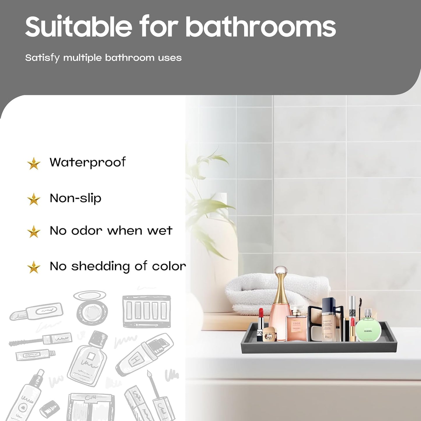 Vanity and Bathroom Tray, 11.8" ABS Countertop Organizer,Waterproof Vanity Tray for Toilet Tank,Perfume,Soap,Keys,Bathroom Accessories,Kitchen and Bath Trays,Non Slip Small Trays,Black,2 Pack