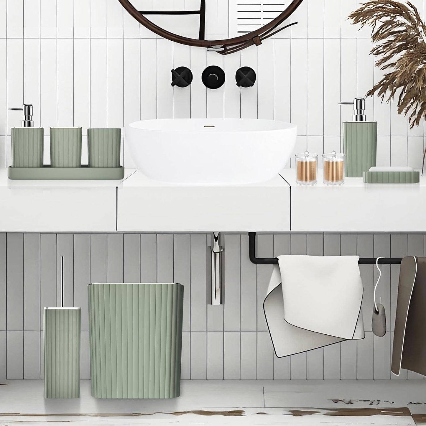Bathroom Accessories Set - Gorgeous Sage Green Bathroom Set, 10PC Bathroom Accessory Set, Toilet Brush, Trash Can, Qtip Holder Dispenser & Soap Dispenser