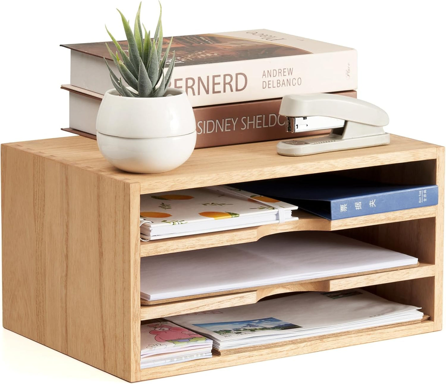 KIRIGEN Wooden Desktop Organizer Paper Storage Letter Tray File Sorter - Desk Rack Magazine File Dividers Holders for Home Office Accessories Wood Desk Cabinet with 3 Layer Trays Natural(3KWJG-NA)