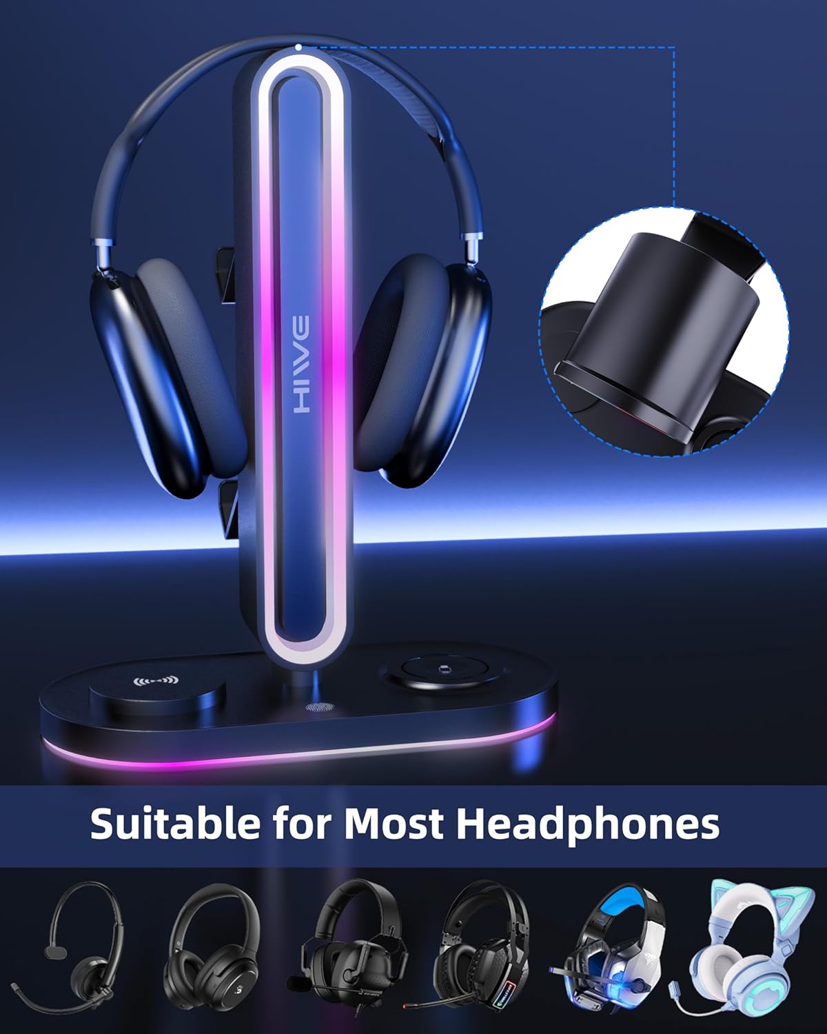 HiWe Universal RGB Gaming Headphone Stand with 2 Controller Holder, Wireless Charger for iPhone/iWatch, Solid ABS, Non-Slip Base, with USB-A & USB-C Outputs, Adatper Included, Black
